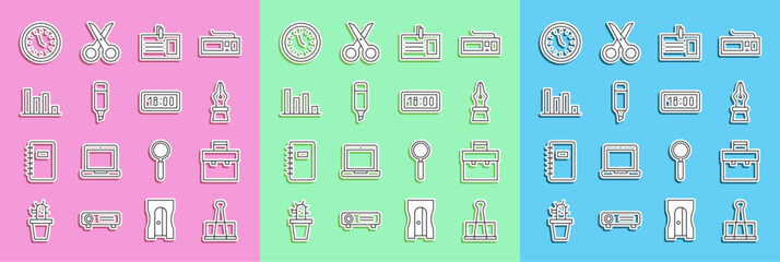 Poster - Set line Binder clip, Briefcase, Fountain pen nib, Identification badge, Marker, Pie chart infographic, Clock and Digital alarm clock icon. Vector