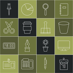 Poster - set line calendar, computer monitor screen, trash can, magnifying glass, coffee cup go, scissors, pu