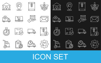 Poster - Set line Gear wheel with package box, Envelope dollar symbol, Shopping cart on laptop, Delivery cargo truck vehicle, Warehouse and hand boxes icon. Vector