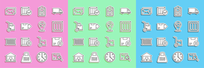 Poster - Set line Search package, Carton cardboard box and delete, Wooden, Verification of delivery list clipboard, Hand truck boxes, Envelope and Location with icon. Vector