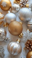 Poster - Elegant golden and silver Christmas ornaments arranged on a soft white surface for holiday decor