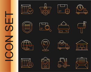 Poster - Set line Envelope, Warehouse, Mail box, Delivery security with shield, Search package, Wooden check mark and Carton cardboard icon. Vector