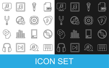 Poster - Set line Music synthesizer, Vinyl disk, Guitar pick, Microphone, Musical tuning fork, note speech bubble and Stereo speaker icon. Vector