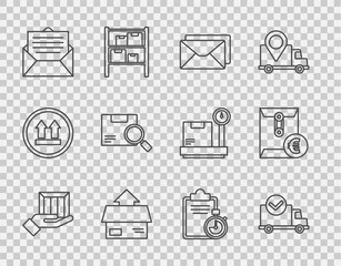 Poster - set line delivery hand with boxes, truck check mark, envelope, carton cardboard, search package, ver