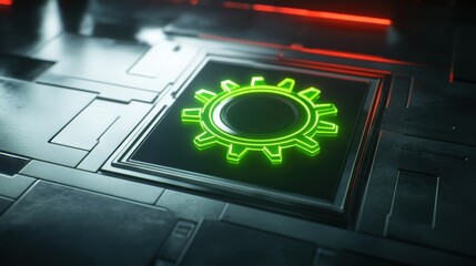 Poster - Futuristic Green Gear Icon on High-Tech Metallic Background