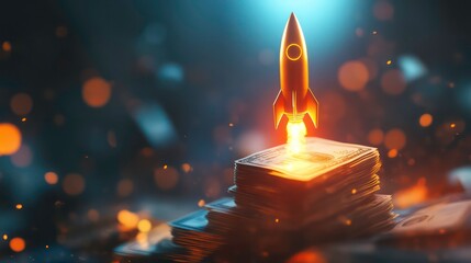 Aufkleber - A creative financial concept with a glowing stack of cash turning into a rocket, symbolizing success.