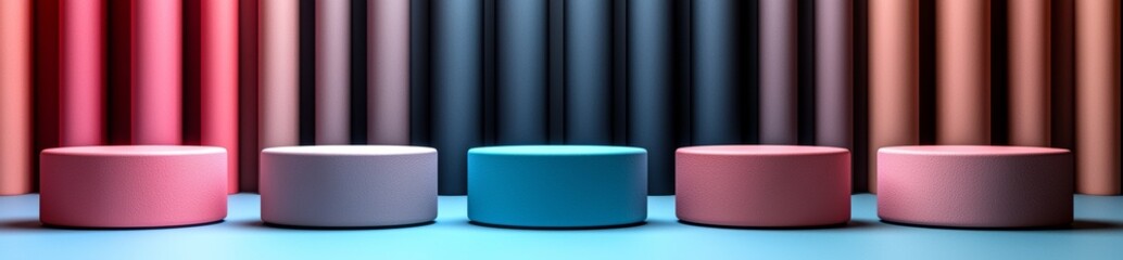 Poster - The podium includes a glass cylinder in 3D, a plexiglass cylinder for displaying the product, a crystal box for product display, and a hexagonal pedestal with light reflection.
