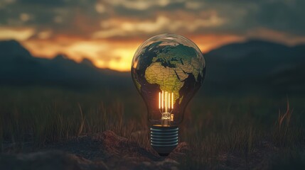 Poster - Light Bulb with Earth Inside Surrounded by Nature at Sunset