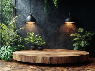 Poster - A modern, lifelike illustration of a round podium under spotlight beams, situated in a nightclub. Intended for a winner's award ceremony, the empty platform awaits a presentation, performance, or