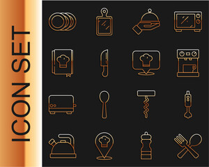 Poster - set line crossed fork and spoon, blender, coffee machine, covered with tray, knife, cookbook, plate 