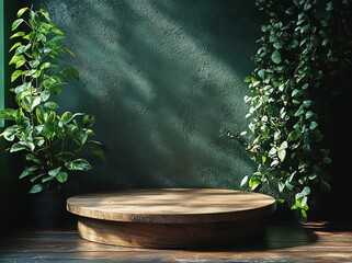 Poster - A realistic modern rendering of a circular podium, highlighted by spotlights, in a nightclub setting. Perfect for a winner's award ceremony, the empty platform is ready for a presentation,