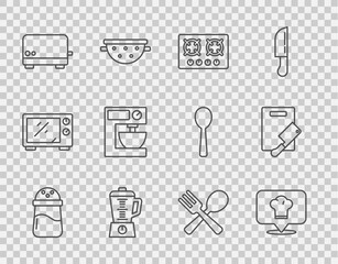 Poster - set line salt, chef hat with location, gas stove, blender, toaster, electric mixer, crossed fork and