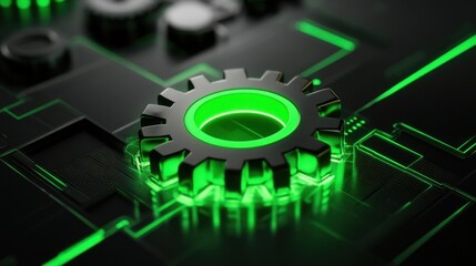 Poster - Green Gear Icon on a Dark Technological Circuit Background