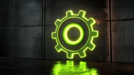 Poster - Neon Green Gear Symbol Against Dark Industrial Background