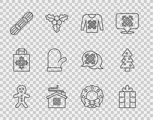 Poster - Set line Holiday gingerbread man cookie, Gift box, Christmas sweater, Merry house, Snowboard, mitten, wreath and tree icon. Vector
