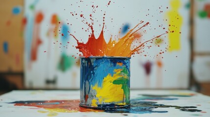 Poster - Colorful Paint Splash from Open Can on White Background Surface
