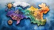 © pkproject - Vibrant Watercolor Fantasy Island Map with Rugged Terrain and Mountainous Landscape