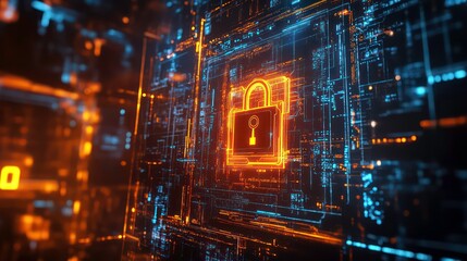 Aufkleber - Glowing padlock icon in digital cyberspace, symbolizing online security and data protection.