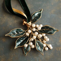 Christmas decoration vintage-style mistletoe ornament with antique gold leaves home product photography indoor festive concept