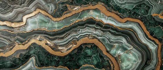Poster - The wall showcases decorative graffiti, abstract marble wallpapers intended for framing, resin geodes, and abstract pieces, in addition to functional and decorative art objects. The colors are gold,