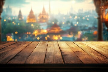 Wood floor board on blur mosque ramadan background. Window breakfast table top view white light bokeh in islam eid mubarak use product blurry presentation wooden desk in muslim Indonesia people. 