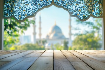 Wood floor board on blur mosque ramadan background. Window breakfast table top view white light bokeh in islam eid mubarak use product blurry presentation wooden desk in muslim Indonesia people. 