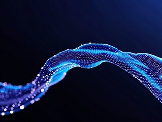 Poster - An abstract design of a blue wave with flowing lines and particles on a dark background.