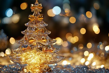 Wall Mural - Beautiful golden decorative Christmas tree with bows illuminated by warm lights