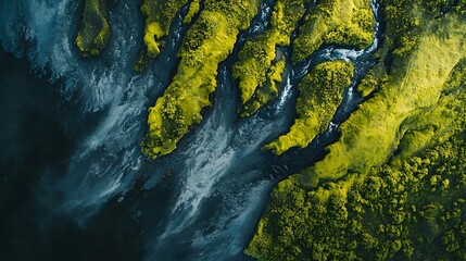 Wall Mural - Aerial View of Lush Green Land and Dark Water