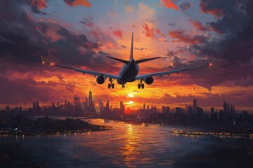 Poster - Sunset over city skyline with airplane flying through vibrant clouds above river