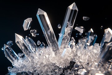 Poster - Exploding cluster of quartz crystals on black background.