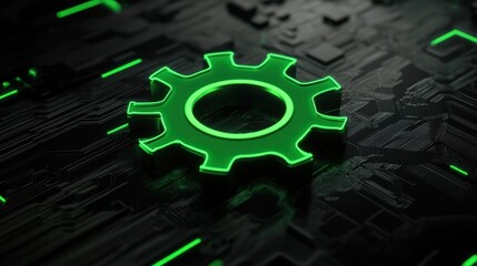 Poster - Neon Green Gear Icon on Dark Circuit Background for Technology Concepts