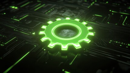 Poster - Neon Green Gear Symbol on Dark Circuitry Background
