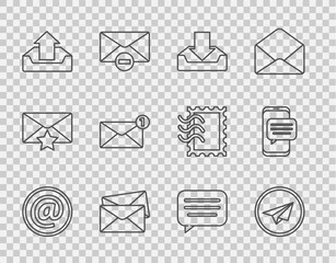 Poster - Set line Mail and e-mail, Paper plane, Download inbox, Envelope, Upload, Speech bubble chat and Chat messages notification on phone icon. Vector