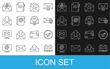 Poster - Set line Laptop with envelope, Paper plane, Envelope shield, Address book, Mail and e-mail and Delete icon. Vector