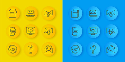 Poster - set line paper plane, chat messages notification on phone, monitor and envelope, outgoing mail, enve