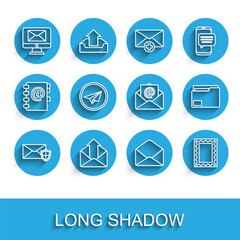 Poster - set line envelope with shield, outgoing mail, monitor and envelope, postal stamp, paper plane, docum