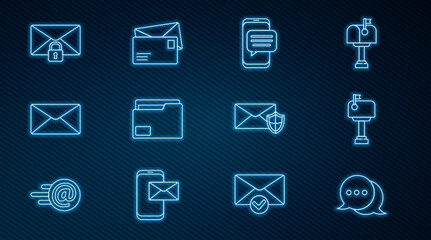 Poster - Set line Speech bubble chat, Mail box, Chat messages notification on phone, Document folder, Envelope, lock password, with shield and icon. Vector