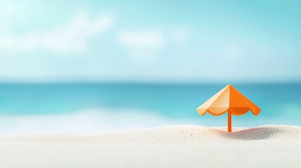 Wall Mural - a tranquil beach scene featuring a vibrant orange umbrella on soft sand, with a serene blue ocean an