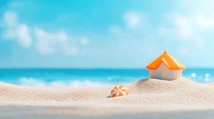 Wall Mural - a miniature beach house sits on soft sand with a bright orange roof, surrounded by a serene blue oce