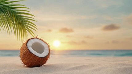 Wall Mural - a coconut rests on sandy beach with a palm frond, framed by a serene sunset over the ocean.