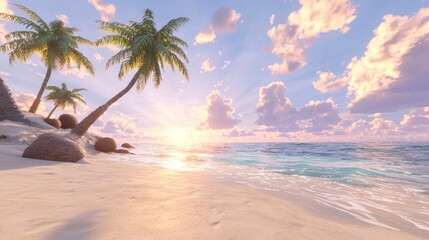 Wall Mural - a serene beach scene at sunset, featuring palm trees and gentle waves, creating a tranquil atmospher