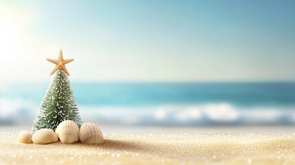Wall Mural - a small christmas tree with a star sits on sandy beach, surrounded by seashells, with the ocean in t