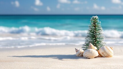 Wall Mural - a small christmas tree and seashells sit on a sandy beach with waves gently lapping at the shore, cr