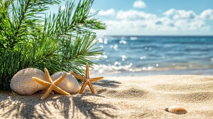 Wall Mural - a serene beach scene with starfish, seashells, and a sprig of greenery on golden sand, set against a
