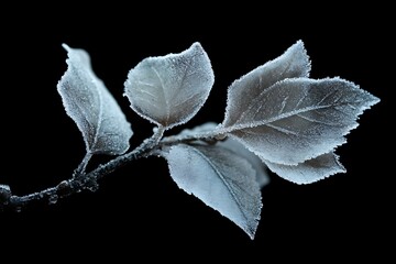 Poster - Frost-covered leaves on a branch against a black background.