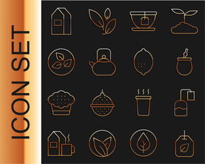 Sticker - Set line Tea bag with leaf, Mate tea, Cup, Kettle handle, Paper package for milk and Lemon icon. Vector