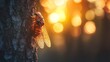 © RIVALDI - Close-up of a cicada on a tree trunk at sunset, illuminated by warm golden light.