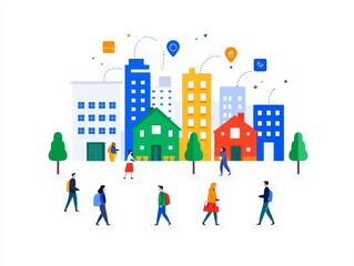 Poster - An abstract urban scene with shadowy figures, data icons, and bright hues.