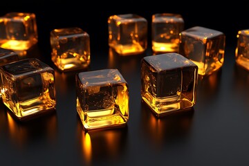 Poster - Glowing amber ice cubes scattered on dark surface.